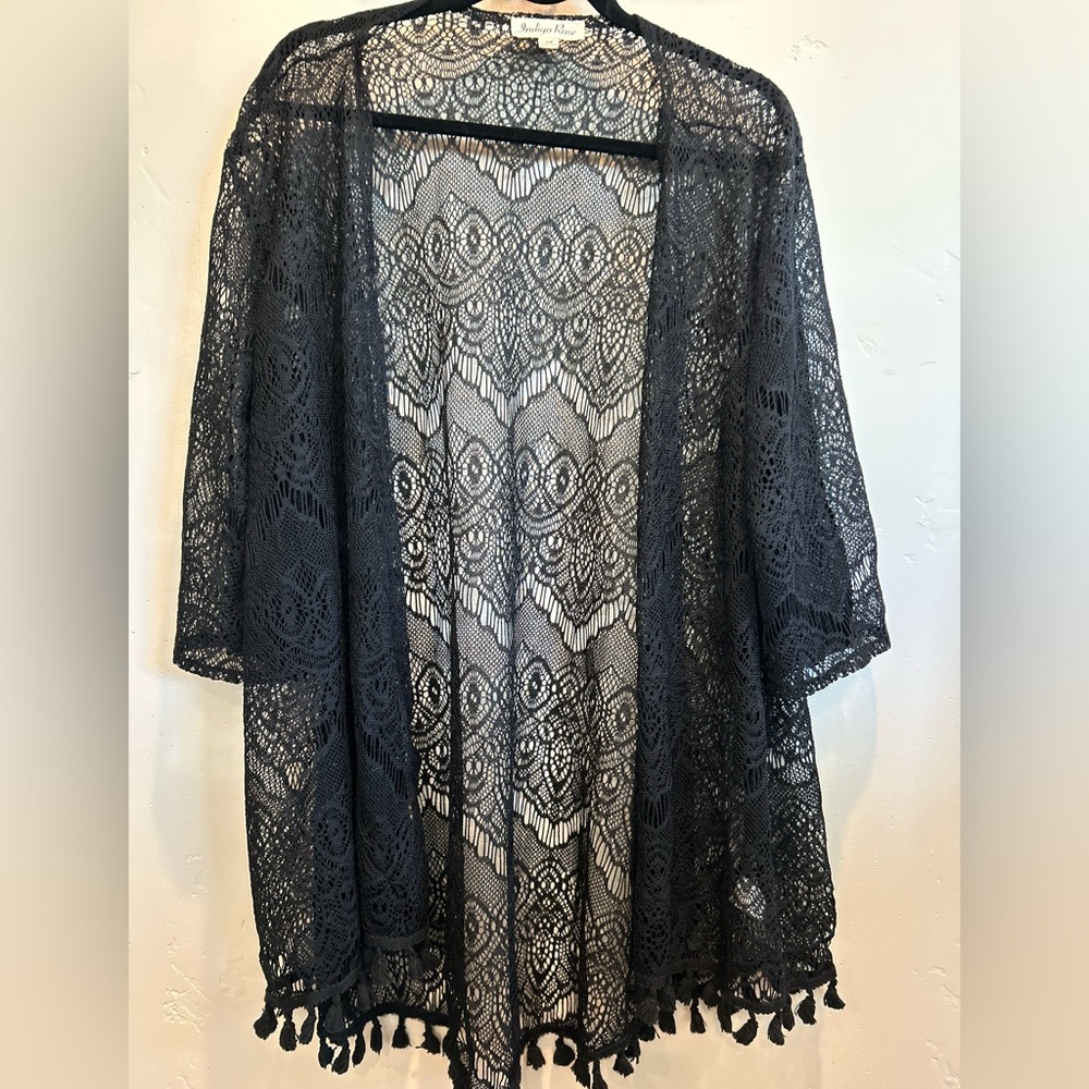 Indigo Rose Woman’s Black Lace Open  Kimono Cardigan Sz 2X